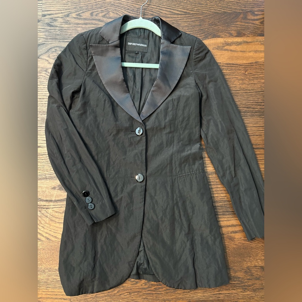 Emporio Armani Giorgio Black Crinkled Satin Jacket Blazer Long I-38 4 XS